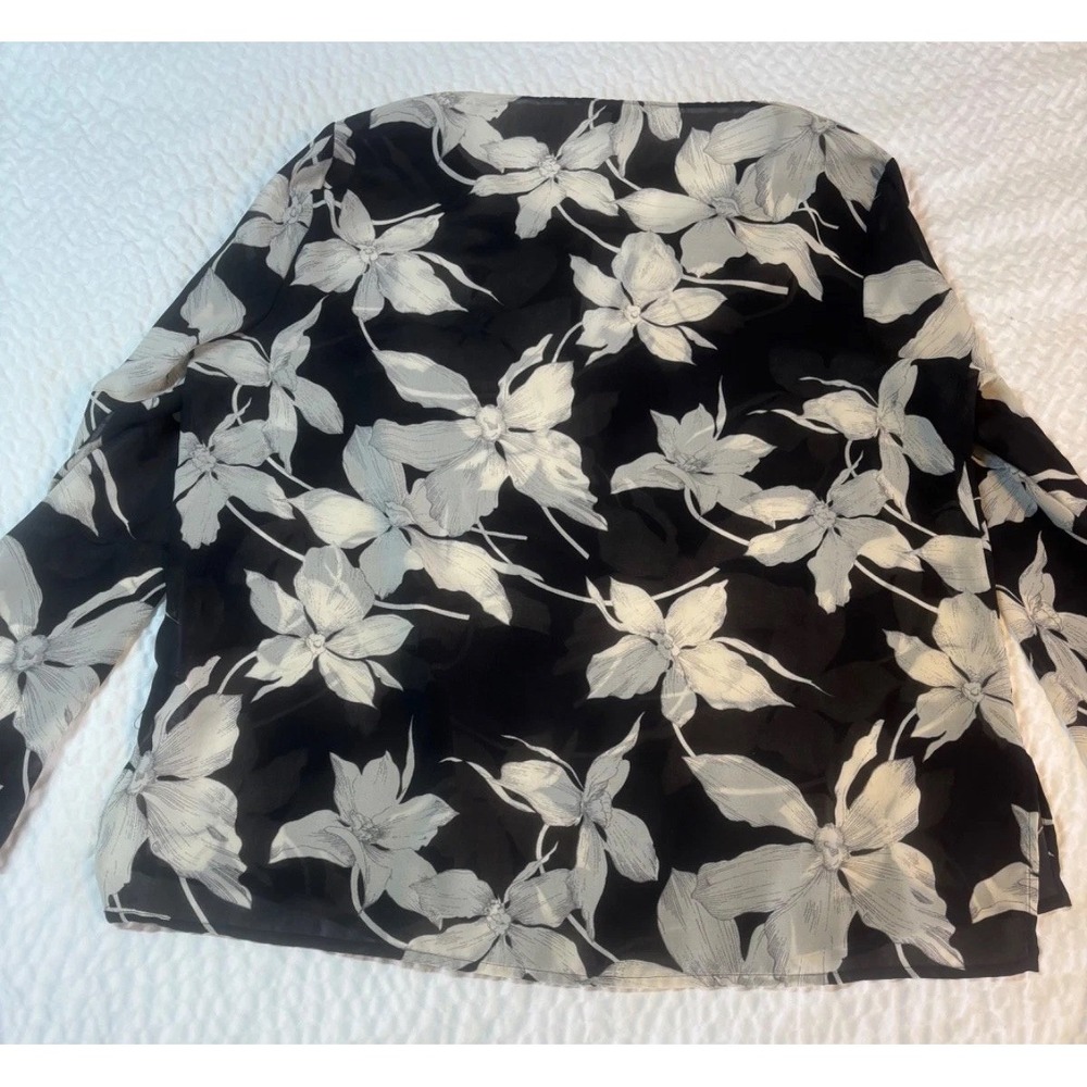Banana Republic Blouse XL Floral‎ Top Black Ivory Keyhole Sheer Long Sleeve